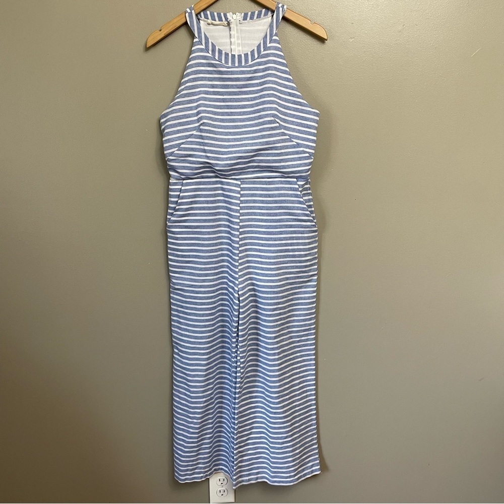 Prettygarden Blue White Striped Sleeveless Jumpsuit Size Small Wide Leg beach